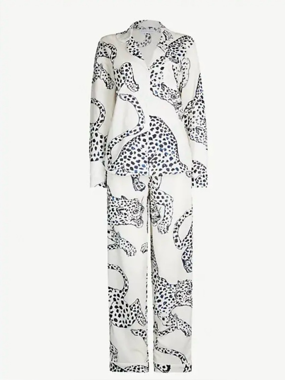 Desmond & Dempsey Leopard Print Cotton Poplin Pajama Set Cream Black L